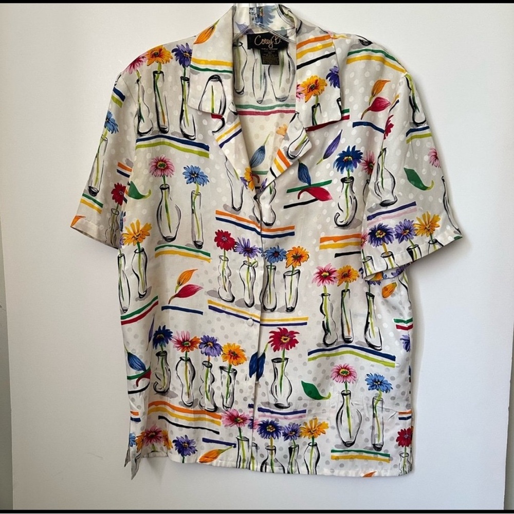 Corey B. Vintage Flowers Vases 100%Silk Button Front Shirt Short Sleeves ~size 4